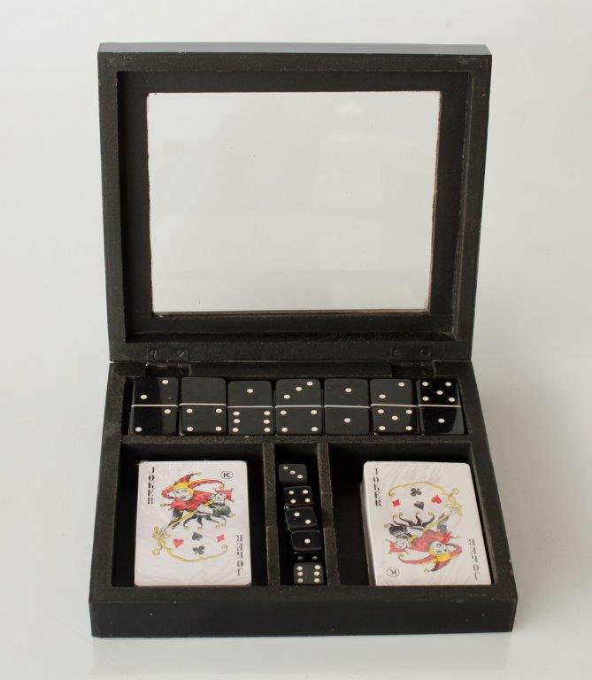 BLACK DOUBLE CARDS & DOMINOES GAME BOX GLASS LID  5X21X18CM